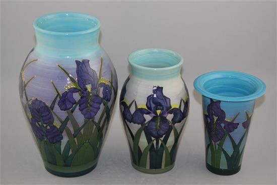 Sally Tuffin for Dennis Chinaworks. Three Iris pattern vases, 16 - 26cm